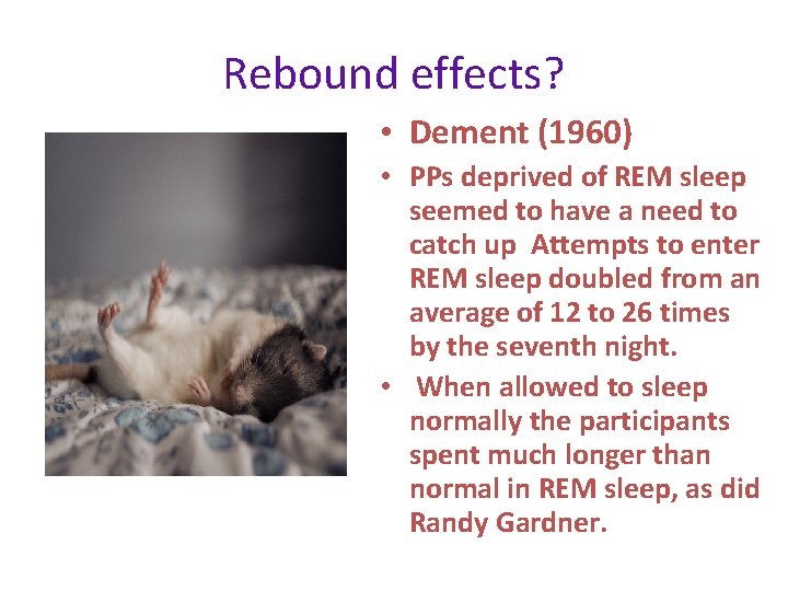 Rebound effects? • Dement (1960) • PPs deprived of REM sleep seemed to have