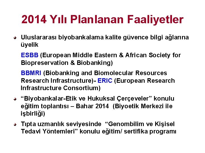 2014 Yılı Planlanan Faaliyetler Uluslararası biyobankalama kalite güvence bilgi ağlarına üyelik ESBB (European Middle
