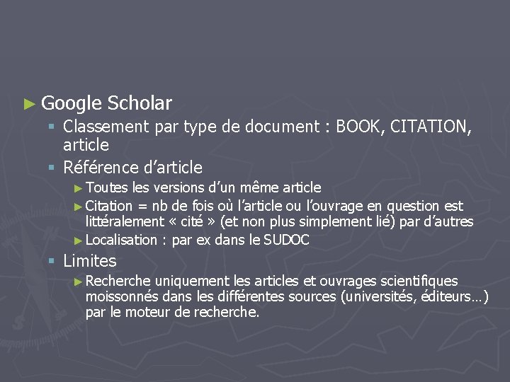 ► Google Scholar § Classement par type de document : BOOK, CITATION, article §