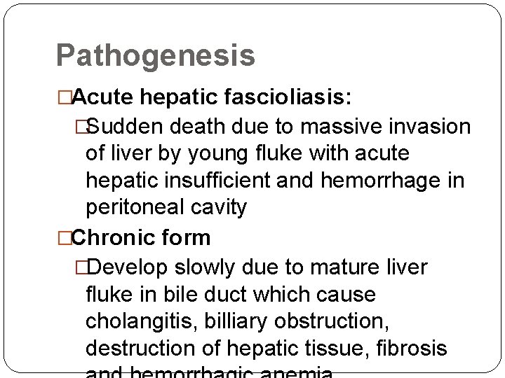 Pathogenesis �Acute hepatic fascioliasis: �Sudden death due to massive invasion of liver by young