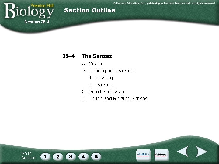 Section Outline Section 35 -4 35– 4 The Senses A. Vision B. Hearing and
