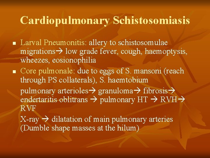 Cardiopulmonary Schistosomiasis n n Larval Pneumonitis: allery to schistosomulae migrations low grade fever, cough,