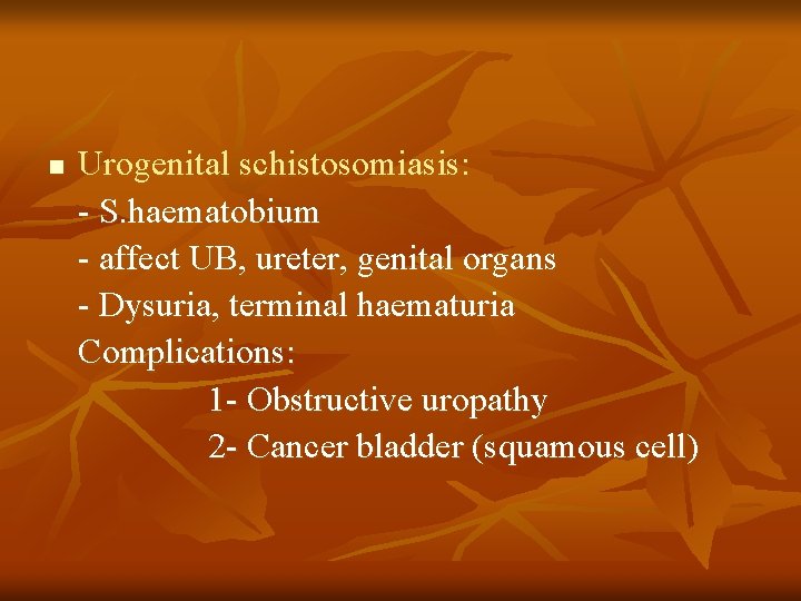 n Urogenital schistosomiasis: - S. haematobium - affect UB, ureter, genital organs - Dysuria,