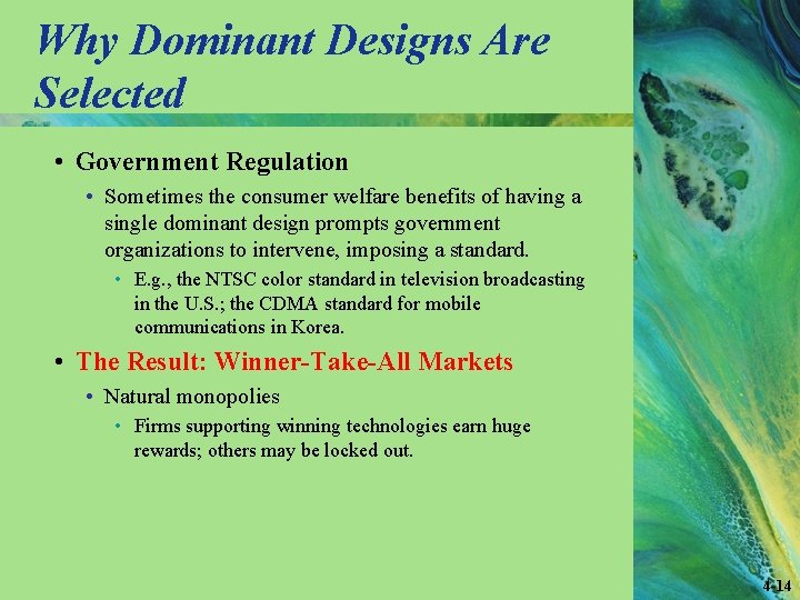 Why Dominant Designs Are Selected • Government Regulation • Sometimes the consumer welfare benefits