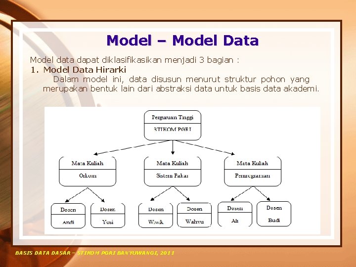 Model – Model Data Model data dapat diklasifikasikan menjadi 3 bagian : 1. Model
