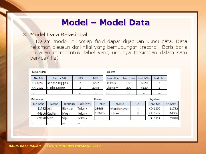 Model – Model Data 3. Model Data Relasional Dalam model ini setiap field dapat