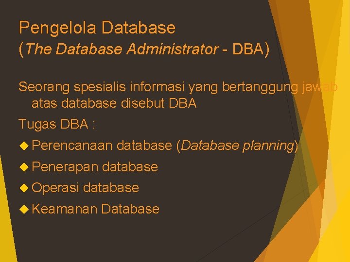 Pengelola Database (The Database Administrator - DBA) Seorang spesialis informasi yang bertanggung jawab atas