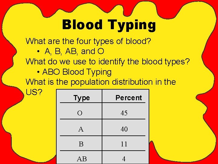 Blood Typing What are the four types of blood? • A, B, AB, and