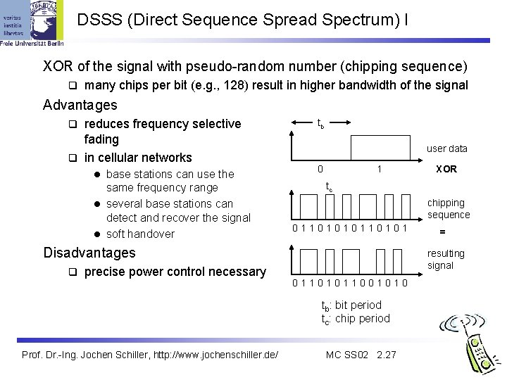 DSSS (Direct Sequence Spread Spectrum) I XOR of the signal with pseudo-random number (chipping