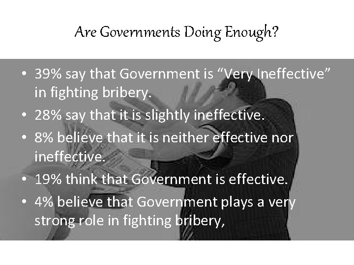 Are Governments Doing Enough? • 39% say that Government is “Very Ineffective” in fighting