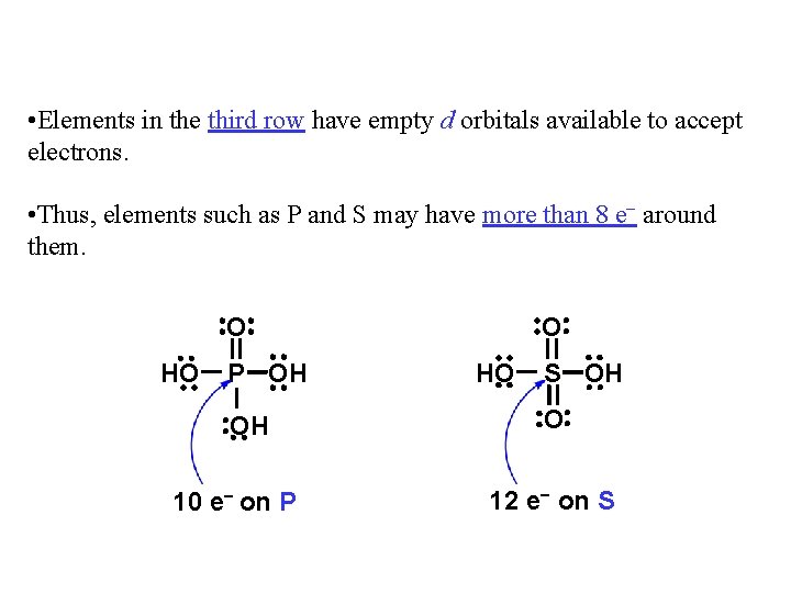  • Elements in the third row have empty d orbitals available to accept