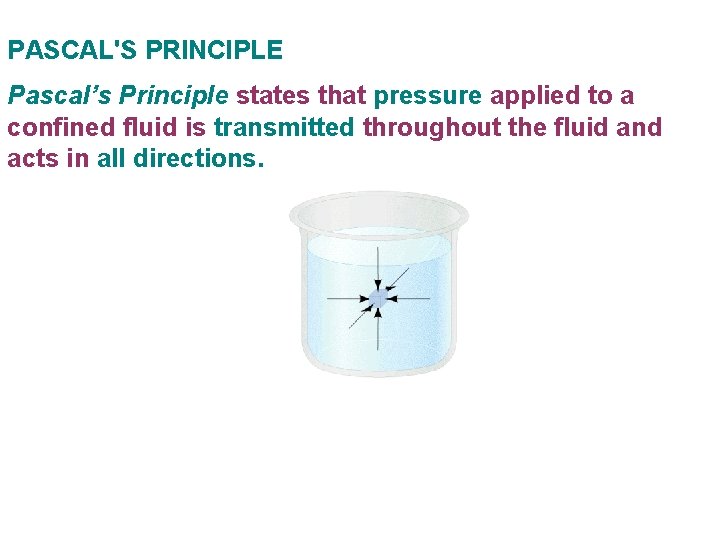 PASCAL'S PRINCIPLE Pascal’s Principle states that pressure applied to a confined fluid is transmitted