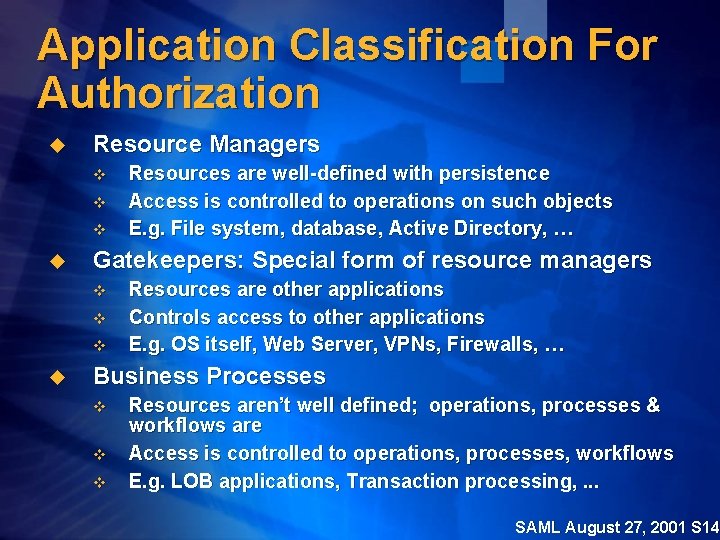 Application Classification For Authorization u Resource Managers v v v u Gatekeepers: Special form