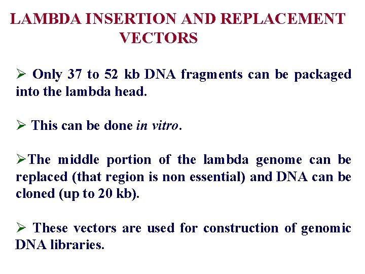 LAMBDA INSERTION AND REPLACEMENT VECTORS Ø Only 37 to 52 kb DNA fragments can