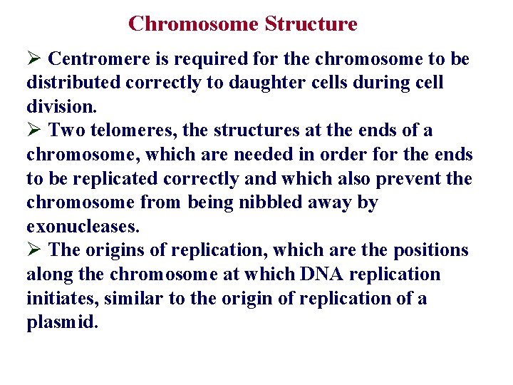 Chromosome Structure Ø Centromere is required for the chromosome to be distributed correctly to