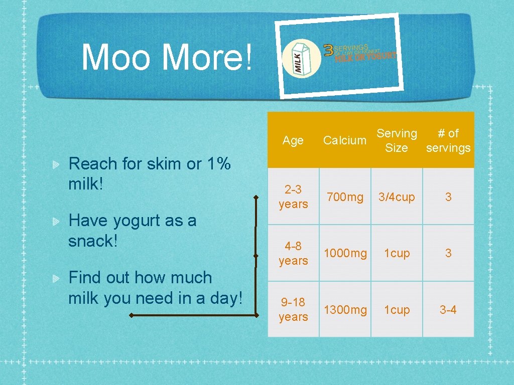 Moo More! Age Reach for skim or 1% milk! Have yogurt as a snack!