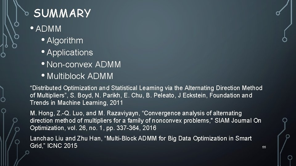 SUMMARY • ADMM • Algorithm • Applications • Non-convex ADMM • Multiblock ADMM “Distributed