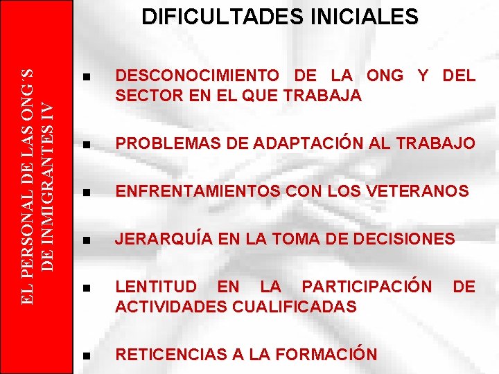 EL PERSONAL DE LAS ONG´S DE INMIGRANTES IV DIFICULTADES INICIALES n DESCONOCIMIENTO DE LA