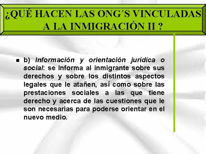 ¿QUÉ HACEN LAS ONG´S VINCULADAS A LA INMIGRACIÓN II ? n b) Información y