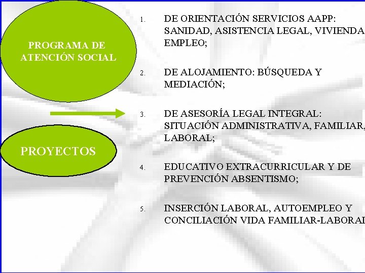 1. DE ORIENTACIÓN SERVICIOS AAPP: SANIDAD, ASISTENCIA LEGAL, VIVIENDA EMPLEO; 2. DE ALOJAMIENTO: BÚSQUEDA