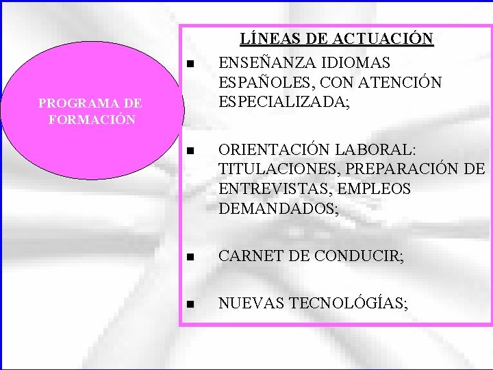 n PROGRAMA DE FORMACIÓN LÍNEAS DE ACTUACIÓN ENSEÑANZA IDIOMAS ESPAÑOLES, CON ATENCIÓN ESPECIALIZADA; n