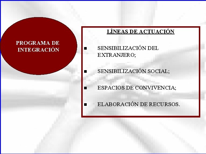 LÍNEAS DE ACTUACIÓN PROGRAMA DE INTEGRACIÓN n SENSIBILIZACIÓN DEL EXTRANJERO; n SENSIBILIZACIÓN SOCIAL; n