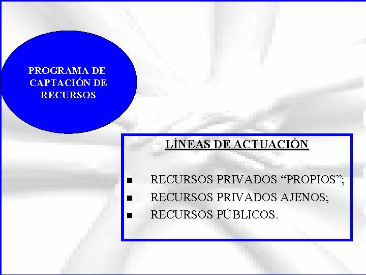 PROGRAMA DE CAPTACIÓN DE RECURSOS LÍNEAS DE ACTUACIÓN n n n RECURSOS PRIVADOS “PROPIOS”;