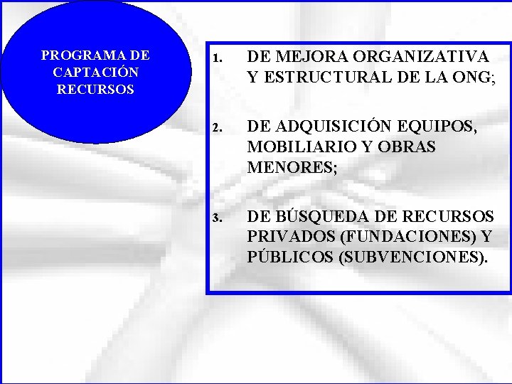 PROGRAMA DE CAPTACIÓN RECURSOS 1. DE MEJORA ORGANIZATIVA Y ESTRUCTURAL DE LA ONG; 2.