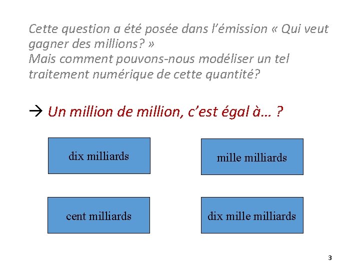 Cette question a été posée dans l’émission « Qui veut gagner des millions? »