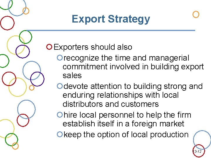 Export Strategy Exporters should also recognize the time and managerial commitment involved in building