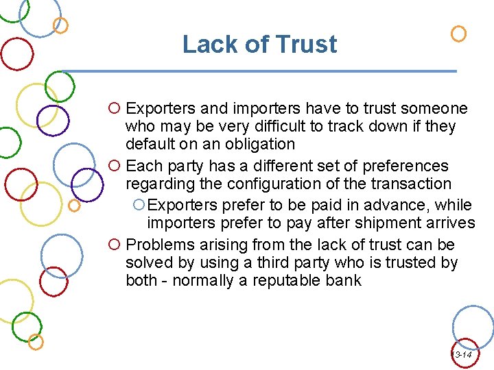 Lack of Trust Exporters and importers have to trust someone who may be very