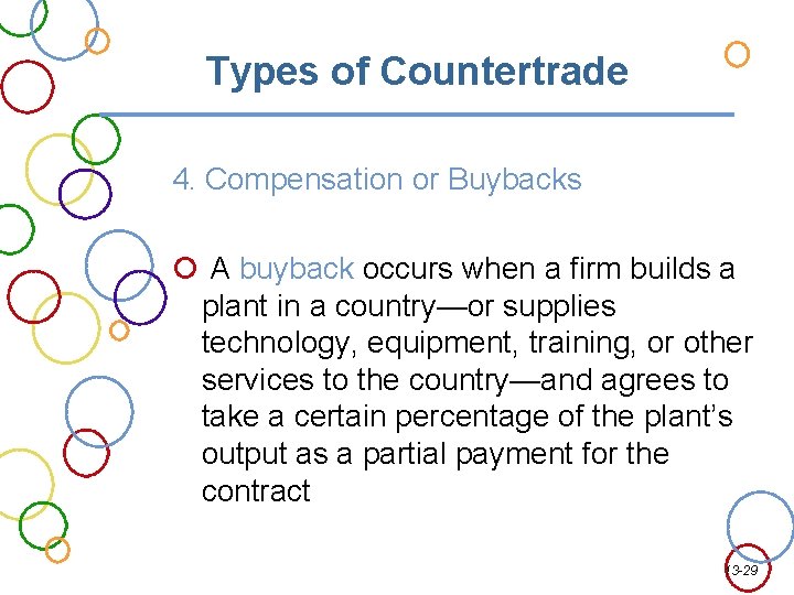 Types of Countertrade 4. Compensation or Buybacks A buyback occurs when a firm builds