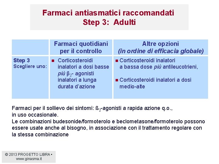 Farmaci antiasmatici raccomandati Step 3: Adulti Farmaci quotidiani per il controllo Step 3 n