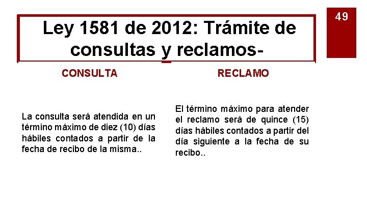  Ley 1581 de 2012: Trámite de consultas y reclamos- CONSULTA RECLAMO La consulta