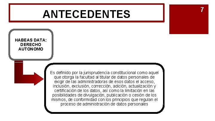 ANTECEDENTES HABEAS DATA: DERECHO AUTONOMO Es definido por la jurisprudencia constitucional como aquel que