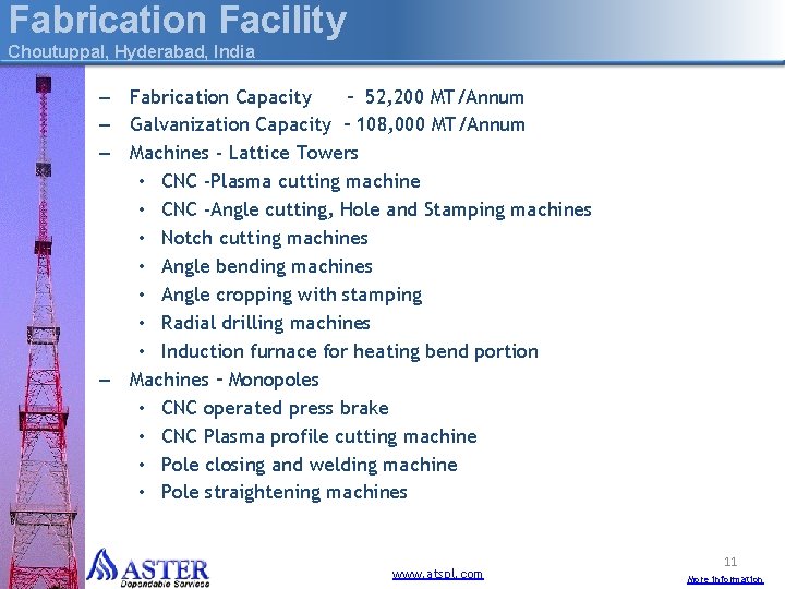 Fabrication Facility Choutuppal, Hyderabad, India – Fabrication Capacity – 52, 200 MT/Annum – Galvanization