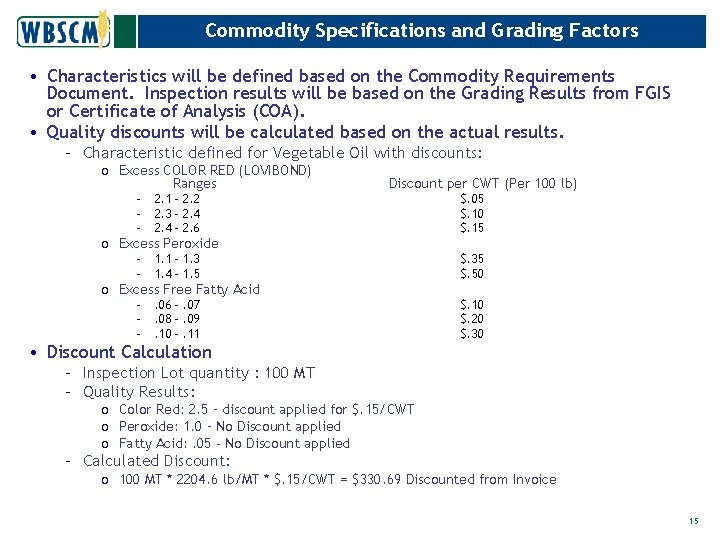 Commodity Specifications and Grading Factors • Characteristics will be defined based on the Commodity