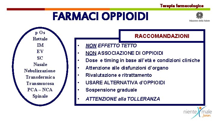 Terapia farmacologica FARMACI OPPIOIDI p Os Rettale IM EV SC Nasale Nebulizzazione Transdermica Transmucosa