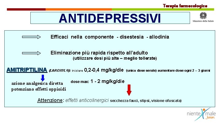 Terapia farmacologica ANTIDEPRESSIVI Efficaci nella componente - disestesia - allodinia Eliminazione più rapida rispetto