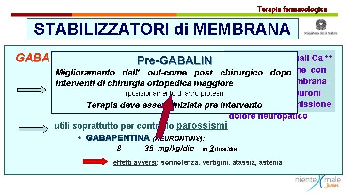 Terapia farmacologica STABILIZZATORI di MEMBRANA GABA AGONISTI modulazione canali Ca ++ attraverso legame con