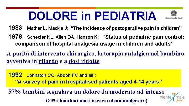 DOLORE in PEDIATRIA 1983 1976 Mather L, Mackie J: “The incidence of postoperative pain