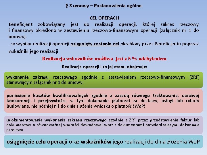 § 3 umowy – Postanowienia ogólne: CEL OPERACJI Beneficjent zobowiązany jest do realizacji operacji,