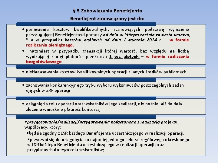 § 5 Zobowiązania Beneficjent zobowiązany jest do: • poniesienia kosztów kwalifikowalnych, stanowiących podstawę wyliczenia