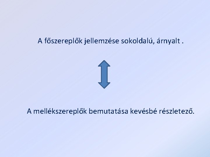 A főszereplők jellemzése sokoldalú, árnyalt. A mellékszereplők bemutatása kevésbé részletező. 