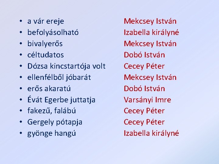  • • • a vár ereje befolyásolható bivalyerős céltudatos Dózsa kincstartója volt ellenfélből