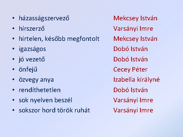  • • • házasságszervező hírszerző hirtelen, később megfontolt igazságos jó vezető önfejű özvegy