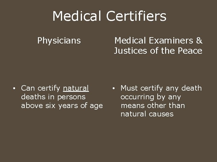 Medical Certifiers Physicians Medical Examiners & Justices of the Peace • Can certify natural