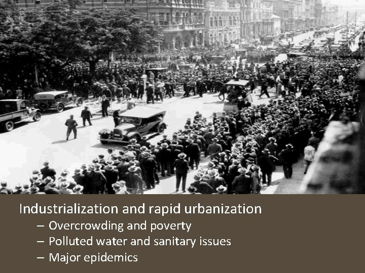 Industrialization and rapid urbanization – Overcrowding and poverty – Polluted water and sanitary issues