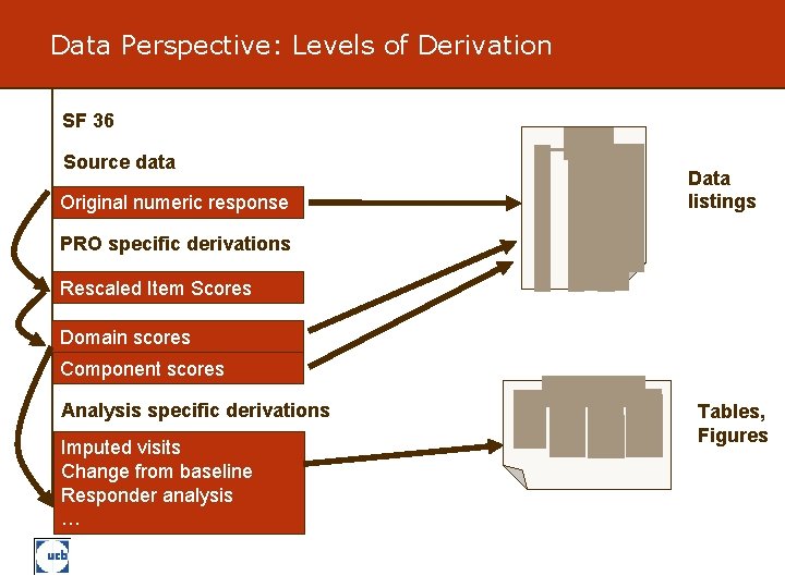 Data Perspective: Levels of Derivation SF 36 Source data Original numeric response Data listings