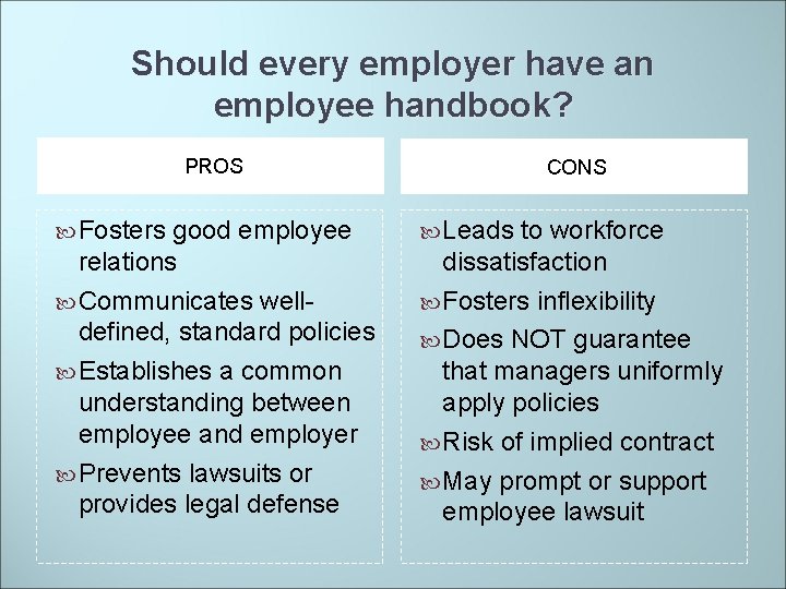 Should every employer have an employee handbook? PROS CONS Fosters good employee Leads to